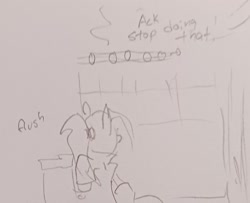 Size: 1836x1491 | Tagged: safe, artist:pony quarantine, derpibooru import, oc, oc:dyx, alicorn, pony, female, filly, foal, grayscale, monochrome, offscreen character, pencil drawing, solo, toilet, traditional art