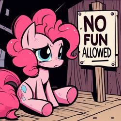 Size: 1024x1024 | Tagged: safe, ai content, derpibooru exclusive, derpibooru import, generator:dall-e 3, machine learning generated, pinkie pie, earth pony, pony, female, indoors, mare, no fun allowed, prompter:siber, sad, sign, sitting, solo
