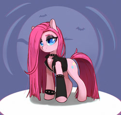Size: 1000x952 | Tagged: safe, artist:inkypuso, derpibooru import, pinkie pie, earth pony, pony, choker, clothes, eyeshadow, female, goth, leather, leather vest, lidded eyes, looking at you, makeup, mare, pinkamena diane pie, solo, spiked choker, spiked wristband, vest, wristband