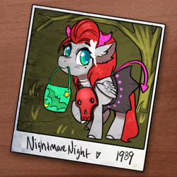 Size: 2700x2700 | Tagged: safe, artist:opalacorn, derpibooru import, oc, oc:void, pegasus, pony, bag, ballerina, candy bag, clothes, costume, female, filly, foal, halloween, halloween costume, laurel, mole, mouth hold, nightmare night costume, polaroid, solo