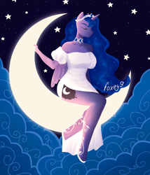 Size: 3000x3500 | Tagged: safe, artist:foxey9, derpibooru import, princess luna, alicorn, anthro, unguligrade anthro, choker, clothes, cloud, crescent moon, crown, dress, eyes closed, female, jewelry, moon, night, regalia, solo, stars, tangible heavenly object