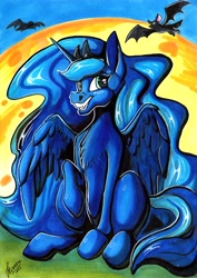 Size: 4928x6968 | Tagged: safe, artist:stirren, derpibooru import, princess luna, alicorn, bat, pony, bust, fangs, full body, moon, portrait, sitting, smiling, traditional art