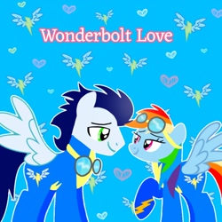 Size: 1400x1400 | Tagged: safe, artist:mlplary6, derpibooru import, rainbow dash, soarin', pegasus, pony, boyfriend and girlfriend, clothes, female, looking at each other, looking at someone, love, male, mare, shipping, smiling, smiling at each other, soarindash, stallion, straight, text, uniform, wonderbolts uniform