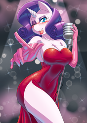 Size: 3541x5016 | Tagged: safe, artist:the-unicorn-lord, derpibooru import, rarity, anthro, unicorn, big breasts, breasts, cabaret, cleavage, clothes, cosplay, costume, dress, evening gloves, female, gloves, jessica rabbit, lipstick, long gloves, looking at you, microphone, one eye closed, open mouth, pointing at you, raritits, sexy, shoulderless, side slit, smiling, smiling at you, solo, wink, winking at you