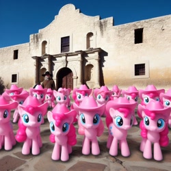 Size: 1024x1024 | Tagged: safe, ai content, derpibooru import, generator:bing image creator, machine learning generated, pinkie pie, alamo, clone, cowboy, cowboy hat, hat, pinkie army, pinkie clone, prompter:jrshinkansenhorse, san antonio, the alamo, this will not end well