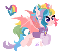 Size: 1024x885 | Tagged: safe, artist:kabuvee, derpibooru import, oc, oc only, bat pony, pony, bat wings, clothes, colored wings, ear tufts, fangs, female, flying, hair bun, jacket, lidded eyes, lineless, mare, multicolored hair, open mouth, purple eyes, rainbow hair, simple background, smiling, solo, space buns, spread wings, transparent background, unnamed oc, wings