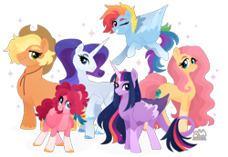 Size: 7000x4848 | Tagged: safe, artist:kabuvee, derpibooru import, applejack, fluttershy, pinkie pie, rainbow dash, rarity, twilight sparkle, twilight sparkle (alicorn), alicorn, earth pony, pegasus, pony, alternate cutie mark, alternate design, applejack's hat, closed mouth, clothes, coat markings, colored hooves, colored wings, colored wingtips, cowboy hat, earth pony fluttershy, facial markings, fangs, female, flying, folded wings, freckledash, freckles, gradient legs, gradient mane, gradient tail, grin, group, hat, headcanon, hoof polish, leg freckles, leonine tail, lineless, mane six, mare, one eye closed, open mouth, pale belly, pegasus pinkie pie, pigtails, ponytail, race swap, sextet, short hair, short hair rainbow dash, simple background, smiling, socks (coat marking), sparkles, sparkly mane, sparkly tail, standing, star (coat marking), tail, transparent background, unshorn fetlocks, wings, wink