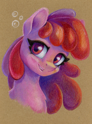 Size: 898x1200 | Tagged: safe, artist:maytee, derpibooru import, berry punch, berryshine, earth pony, pony, bubble, bust, colored pencil drawing, female, looking at you, mare, portrait, smiling, smiling at you, solo, traditional art