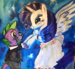 Size: 509x473 | Tagged: safe, artist:mistresscarrie, derpibooru import, rarity, spike, alicorn, dragon, pony, unicorn, alicornified, clothes, dancing, dress, duo, eyelashes, female, grin, holding hooves, looking at each other, looking at someone, male, night, princess rarity, race swap, raricorn, shipping, smiling, smiling at each other, sparity, starry night, straight, suit, wings