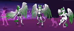 Size: 6200x2657 | Tagged: safe, artist:dalagar, derpibooru import, oc, oc only, oc:mint wellington, anthro, sphinx, boxers, clothes, colored wings, high res, large wings, leonine tail, paws, reference sheet, size comparison, smiling, sphinx oc, spread wings, tail, two toned wings, underwear, wings, yarn, yarn ball