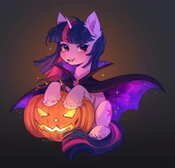 Size: 2048x1969 | Tagged: safe, artist:tyutya, derpibooru import, twilight sparkle, unicorn twilight, pony, unicorn, g4, cape, clothes, costume, cute, ear fluff, ears, eyebrows, eyebrows visible through hair, fangs, female, halloween, halloween costume, high res, holiday, hoof fluff, horn, jack-o-lantern, looking at you, mare, open mouth, pumpkin, signature, sitting, solo, sparkles, twiabetes, vampire costume