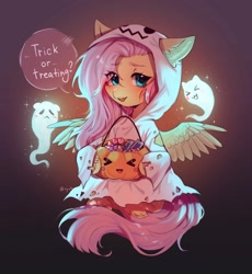 Size: 1884x2048 | Tagged: safe, artist:tyutya, derpibooru import, fluttershy, ghost, pegasus, pony, undead, g4, candy, clothes, costume, cute, eye clipping through hair, eyebrows, female, flutterghost, food, ghost costume, halloween, halloween costume, holiday, looking at you, mare, open mouth, pumpkin, pumpkin bucket, shyabetes, signature, sitting, solo, sparkles, speech bubble, spread wings, trick or treat, wings