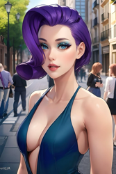 Size: 1024x1536 | Tagged: safe, ai content, derpibooru import, editor:sammykun, machine learning generated, rarity, human, absolute cleavage, barcelona, breasts, building, city, cleavage, clothes, dress, eyeshadow, female, female focus, humanized, looking at you, makeup, prompter:sammykun, raritits, short hair, sleeveless, sleeveless dress, solo, solo focus, street, tree