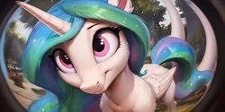 Size: 1024x512 | Tagged: safe, ai content, derpibooru import, machine learning generated, princess celestia, alicorn, pony, g4, cute, cutelestia, female, fisheye lens, fluffy, long mane, looking at you, mare, smiling, solo, tree