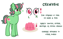 Size: 4096x2574 | Tagged: safe, artist:hoodrams, derpibooru import, oc, oc only, oc:chewshoe, earth pony, cutie mark, gelatin, reference sheet, simple background, solo, swirly eyes, text, white background