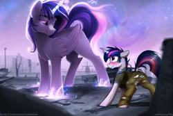 Size: 720x480 | Tagged: safe, ai content, derpibooru import, editor:primortal, generator:novelai, generator:stable diffusion, machine learning assisted, machine learning generated, dusk shine, twilight sparkle, twilight sparkle (alicorn), oc, alicorn, pony, unicorn, fallout equestria, artificial alicorn, blushing, butt, clone, clothed male, clothes, ethereal mane, ethereal tail, female, larger female, male, mother and child, mother and son, non-canon, paint.net, parent and child, photoshop, plot, rule 63, size difference, smaller male, somber smile, tail, technically rule 63, torn clothes, ultimate twilight, wasteland