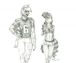 Size: 1400x1153 | Tagged: safe, artist:baron engel, derpibooru import, big macintosh, sugar belle, anthro, earth pony, unicorn, american football, clothes, daisy dukes, female, football helmet, helmet, looking at each other, looking at someone, male, mare, midriff, monochrome, pencil drawing, shipping, shorts, sports, stallion, straight, sugarmac, traditional art