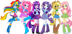 Size: 2177x1046 | Tagged: safe, artist:figyalova, derpibooru import, applejack, fluttershy, pinkie pie, rainbow dash, rarity, twilight sparkle, equestria girls, boots, clothes, full body, humane five, humane six, ponied up, shoes, simple background, transparent background, vector