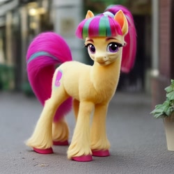 Size: 768x768 | Tagged: safe, ai content, derpibooru import, generator:purplesmart.ai, generator:stable diffusion, machine learning generated, sour sweet, earth pony, pony, female, irl, looking at you, mare, photo, ponies in real life, ponified, smiling, solo, species swap, unshorn fetlocks