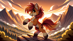 Size: 1792x1024 | Tagged: safe, ai content, derpibooru import, generator:dall-e 3, machine learning generated, pony, happy, mountain, nature, scenery, solo, sun