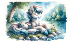 Size: 1792x1024 | Tagged: safe, ai content, derpibooru import, generator:dall-e 3, machine learning generated, pony, calm, cheek fluff, chest fluff, fluffy, happy, lake, nature, pond, solo, tree, water