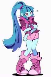 Size: 1360x2048 | Tagged: safe, artist:arrcticc_fish, derpibooru import, sonata dusk, equestria girls, boots, clothes, coat, cute, female, gem, question mark, shoes, simple background, siren gem, skirt, socks, solo, sonatabetes, spiked wristband, white background, wristband