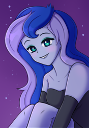 Size: 1400x2000 | Tagged: safe, artist:tanatos, derpibooru import, princess luna, vice principal luna, human, equestria girls, g4, adorasexy, anime, bare shoulders, black dress, clothes, cute, dress, evening gloves, female, gloves, long gloves, looking at you, lunabetes, sexy, simple background, smiling, solo, strapless