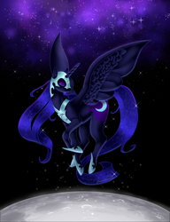 Size: 2648x3448 | Tagged: safe, artist:primaldonna, derpibooru import, nightmare moon, alicorn, pony, g4, beautiful, blue mane, blue tail, digital art, ethereal mane, ethereal tail, eyes closed, eyeshadow, feather, female, flowing mane, flowing tail, helmet, high res, hoof shoes, horn, makeup, mare, moon, night, peytral, redraw, signature, sky, solo, sparkles, spread wings, starry mane, starry tail, stars, tail, wings