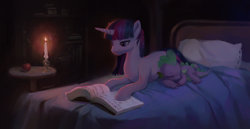 Size: 2672x1379 | Tagged: safe, artist:kinax, derpibooru import, spike, twilight sparkle, unicorn twilight, dragon, pony, unicorn, g4, apple, bed, book, bookshelf, candle, crepuscular rays, digital art, duo, eyes closed, female, food, high res, horn, looking at something, lying down, lying on bed, male, mare, night, on bed, pillow, prone, purple eyes, reading, signature, sleeping, smiling, table