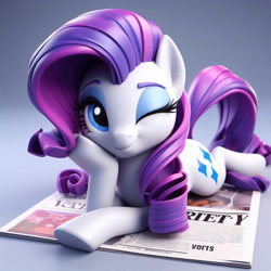 Size: 828x828 | Tagged: safe, ai content, artist:pinkiepiepics, derpibooru import, machine learning generated, rarity, earth pony, pony, g4, cute, earth pony rarity, eyebrows, eyeshadow, female, hoof on cheek, looking at you, lying down, makeup, mare, newspaper, one eye closed, prone, race swap, raribetes, solo, sploot, wink, winking at you