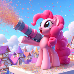 Size: 828x828 | Tagged: safe, ai content, artist:pinkiepiepics, derpibooru import, machine learning generated, pinkie pie, earth pony, pony, g4, cannon, confetti, extra legs, female, mare, open mouth, open smile, ponyville, smiling, solo