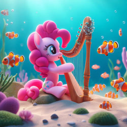 Size: 828x828 | Tagged: safe, ai content, artist:pinkiepiepics, derpibooru import, machine learning assisted, machine learning generated, pinkie pie, earth pony, fish, pony, g4, clownfish, cute, female, harp, mare, musical instrument, ocean, open mouth, open smile, playing instrument, sand, smiling, solo, underwater, water