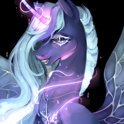 Size: 2288x2288 | Tagged: safe, artist:oddos, derpibooru import, princess luna, alicorn, pony, g4, aura, black background, blue eyes, blue mane, chest fluff, commission, curved horn, cute, digital art, ethereal mane, eyelashes, eyeshadow, female, glowing, glowing horn, happy, high res, horn, looking at you, magic, makeup, mare, open mouth, open smile, peytral, simple background, smiling, smiling at you, solo, sparkles, spread wings, stars, teeth, wings
