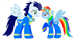 Size: 1532x789 | Tagged: safe, artist:mlplary6, derpibooru import, rainbow dash, soarin', pegasus, pony, boyfriend and girlfriend, clothes, female, looking at each other, looking at someone, male, mare, shipping, simple background, smiling, smiling at each other, soarindash, stallion, straight, transparent background, uniform, vector, wonderbolts uniform