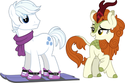 Size: 7392x4919 | Tagged: safe, artist:abion47, artist:aeonkrow, derpibooru import, edit, autumn blaze, double diamond, kirin, sounds of silence, the cutie map, absurd resolution, autumndiamond, clothes, cloven hooves, duo, duo male and female, eyebrows, female, lidded eyes, male, raised eyebrow, raised hoof, raised leg, scarf, shipping, simple background, skis, smiling, straight, transparent background, vector