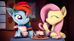 Size: 3840x2160 | Tagged: safe, artist:psfmer, derpibooru import, fluttershy, rainbow dash, pegasus, pony, 3d, crumbs, cup, donut, eyes closed, female, fluttershy's cottage, food, hoof hold, mare, ponytober, revamped ponies, source filmmaker, tea, tea party, teacup, teapot, unshorn fetlocks