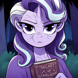 Size: 750x750 | Tagged: safe, ai content, derpibooru import, generator:dall·e 3, machine learning generated, starlight glimmer, anthro, unicorn, g4, age progression, background trees, book, elderly, female, female focus, focus, forest, grey hair, high res, holding, holding book, horn, looking at you, mare, older, older starlight glimmer, secrets of starlight, simple background, solo focus, text, tree, unicorn horn, white hair, wrinkles