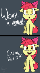 Size: 1152x2073 | Tagged: safe, artist:pinkberry, derpibooru import, apple bloom, earth pony, pony, adorabloom, cute, excited, female, filly, foal, implied human, looking at you, open mouth, open smile, sitting, smiling, smiling at you, starry eyes, talking, wingding eyes