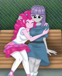 Size: 2975x3651 | Tagged: safe, artist:lennondash, derpibooru import, maud pie, pinkie pie, human, equestria girls, equestria girls series, bench, breasts, clothes, cute, diapinkes, duo, duo female, eyes closed, female, fence, hair, hairband, happy, high res, hug, maud pies, maudabetes, pie sisters, pinkie pies, rah rah skirt, sibling love, siblings, sisterly love, sisters, sitting, skirt, smiling, tanktop, teenager