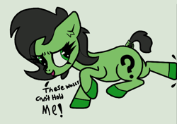 Size: 728x513 | Tagged: safe, artist:scandianon, derpibooru import, oc, oc only, oc:anon filly, earth pony, pony, dock, ears back, female, filly, foal, furrowed brow, hooves, kicking, simple background, tail, talking