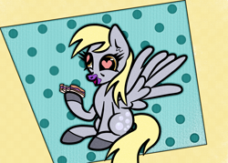 Size: 1400x1000 | Tagged: safe, artist:scandianon, derpibooru import, derpy hooves, pegasus, pony, dilated pupils, eating, female, food, heart, heart eyes, hooves, mare, open mouth, open smile, sandwich, sitting, smiling, spread wings, wingding eyes, wings