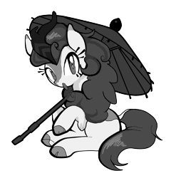 Size: 1638x1703 | Tagged: safe, artist:yidwags, derpibooru import, autumn blaze, kirin, black and white, cloven hooves, grayscale, looking at you, monochrome, parasol (umbrella), simple background, sitting, solo, transparent background