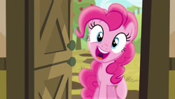 Size: 2560x1440 | Tagged: safe, derpibooru import, screencap, pinkie pie, earth pony, pony, pinkie apple pie, door, open mouth, solo, uvula