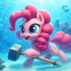 Size: 1024x1024 | Tagged: safe, ai content, derpibooru import, machine learning generated, pinkie pie, earth pony, pony, g4, blue eyes, bubble, coral, crepuscular rays, hammer, happy, ocean, open mouth, open smile, pink mane, pink tail, prompter:pinkiepiepics, seaweed, smiling, solo, sunlight, swimming, tail, teeth, underwater, water