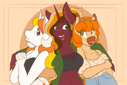 Size: 2048x1365 | Tagged: safe, artist:mscolorsplash, derpibooru import, oc, oc only, oc:candy corn, oc:fall paint, oc:pumpkin spice, anthro, arm around neck, bare shoulders, belly button, boob freckles, breasts, busty oc, chest freckles, cleavage, clothes, dark muzzle, eye clipping through hair, eyebrows, eyebrows visible through hair, facial markings, female, freckles, hands together, looking at each other, looking at someone, mare, open mouth, open smile, shoulder freckles, smiling, smiling at each other, trio