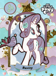 Size: 3800x5135 | Tagged: safe, derpibooru import, rarity, bird, pony, unicorn, absurd file size, banner, cutie mark, female, flower, flower in hair, kayou, logo, mare, official, raised hoof, raised leg, scan, solo, stars, text, trading card