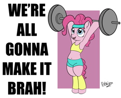 Size: 3395x2731 | Tagged: safe, artist:datzigga, derpibooru import, pinkie pie, earth pony, pony, belly button, bipedal, clothes, midriff, solo, sports bra, weight lifting, weights, workout outfit