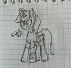 Size: 2976x2837 | Tagged: safe, artist:kruvvv, derpibooru import, oc, oc only, oc:littlepip, pony, unicorn, fallout equestria, angry face, concerned, female, glowing, glowing horn, graph paper, grumpy, gun, horn, levitation, looking at something, magic, magic aura, mare, pipbuck, simple background, sketch, solo, telekinesis, traditional art, unicorn oc, weapon, white background