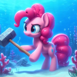 Size: 1024x1024 | Tagged: safe, ai content, derpibooru import, machine learning generated, pinkie pie, earth pony, pony, g4, blue eyes, bubble, coral, crepuscular rays, determined, hammer, holding, ocean, pink mane, pink tail, prompter:pinkiepiepics, seaweed, smiling, solo, sunlight, swimming, tail, teeth, underwater, water