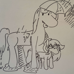 Size: 1000x996 | Tagged: safe, artist:otl crafts, derpibooru import, oc, oc:japanon, oc:sun showers, earth pony, horse, pony, inktober, inktober 2023, rain, traditional art, umbrella, wet, wet mane